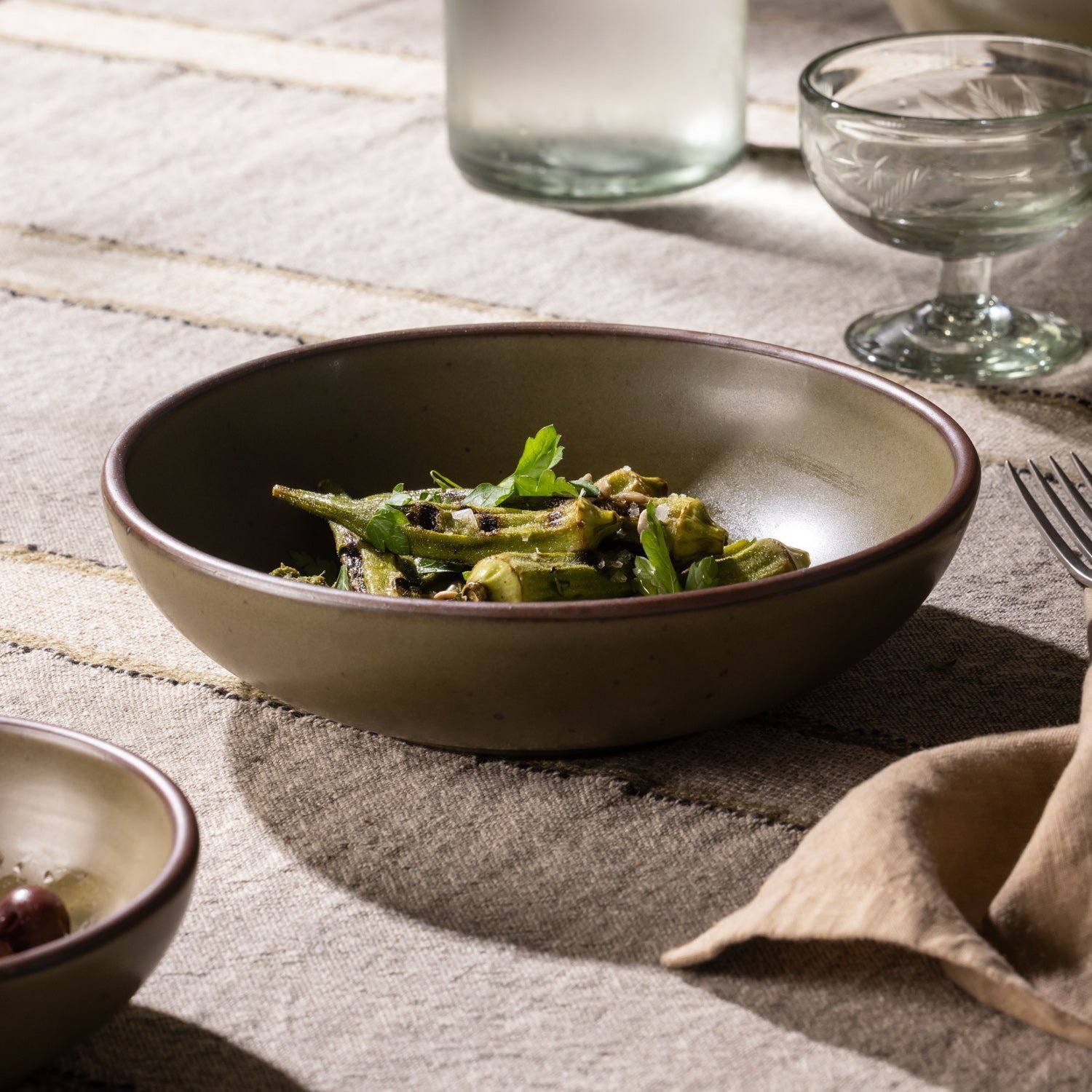 Vella Supply daily bowl in Pine Green, close view with vegetables