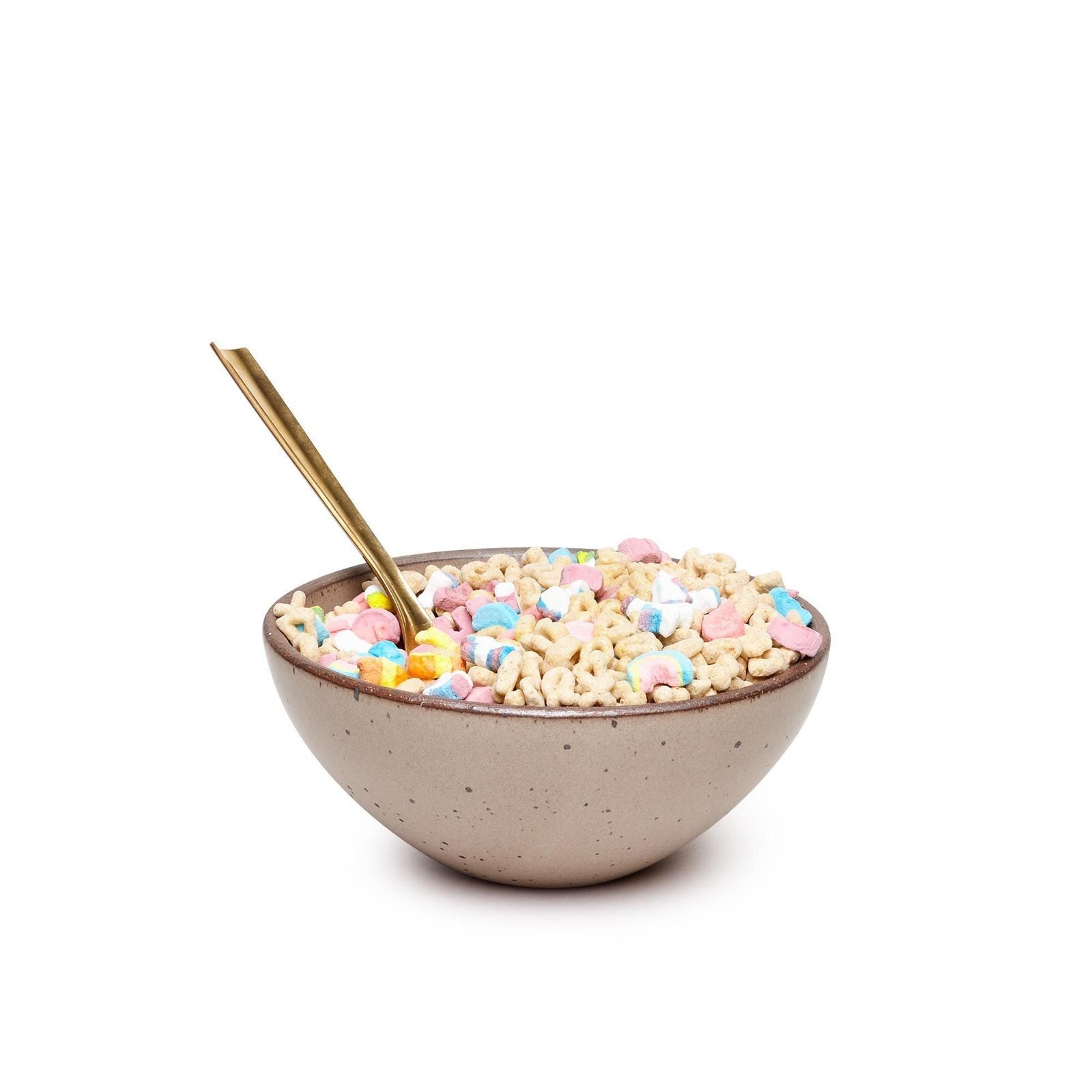 Vella Supply soup bowl in Warm Taupe, shown with cereal and a spoon